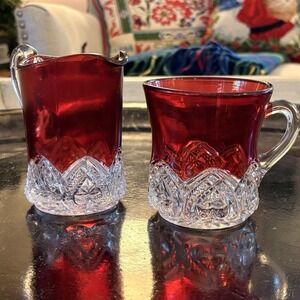 Ruby Red Flash Glass Creamer/Pitcher  And Cup 1900s EAPG Red And Clear Cut Glass